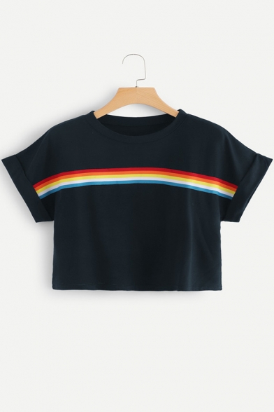 Summer Simple Rainbow Stripe Printed Round Neck Short Sleeve Cropped T-Shirt