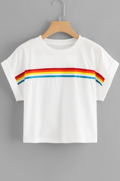 Summer Simple Rainbow Stripe Printed Round Neck Short Sleeve Cropped T-Shirt