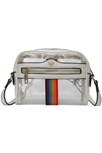 Summer Trendy Colored Rainbow Tape Patched Zipper Embellishment Transparent Crossbody Bag 19*15*7 CM