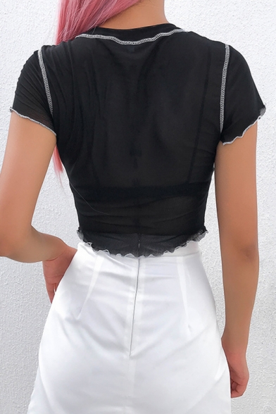 Summer Trendy Contrast Piping Curved Hem Short Sleeve Sheer Mesh Black Crop Tee
