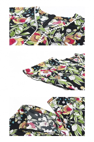 Summer Trendy Floral Printed Plunge V Neck Short Sleeve Fringe Embellished Slim Fitted Rompers