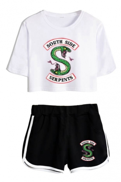 Summer Trendy Snake Logo Printed Short Sleeve Crop Tee with Sport Loose Shorts Two-Piece Set