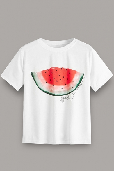 Summer Trendy Watermelon Printed White Short Sleeve Cotton T-Shirt
