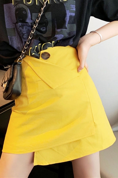 Summer Trendy Yellow Asymmetric Hem High Waist Mini A-Line Skirt