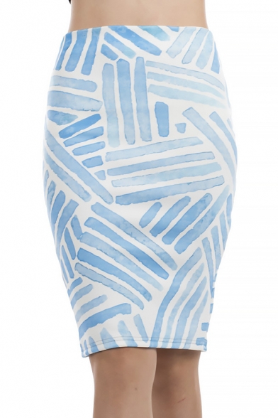 Summer Womens Hot Fashion White Blue Stripe Print Split Back Midi Pencil Skirt
