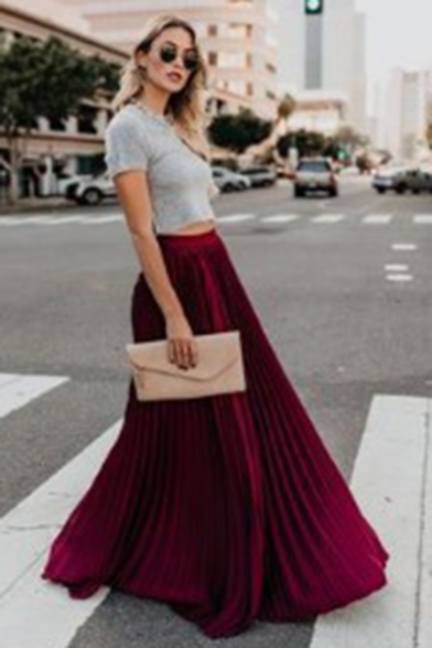 Summer Womens Hot Popular Plain High Rise Pleated Maxi Flared Skirt