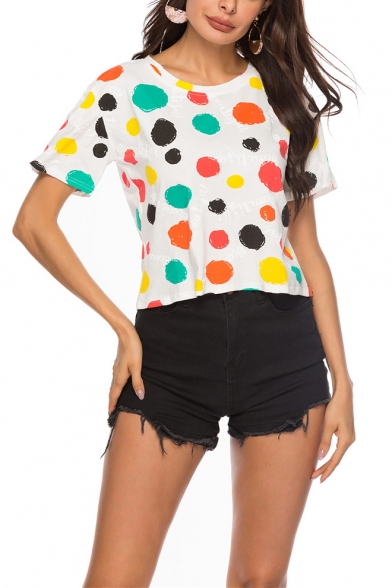Summer Womens Simple Polka Dot Print Round Neck Short Sleeve Crop T-Shirt