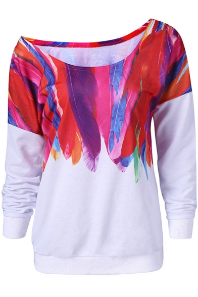Trendy Colorful Feather Painting One Shoulder Long Sleeve White Sweatshirt