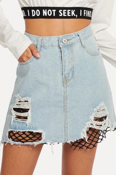 Trendy Light Blue Distressed Ripped Mesh Fishnet Patched Mini A-Line Denim Skirt