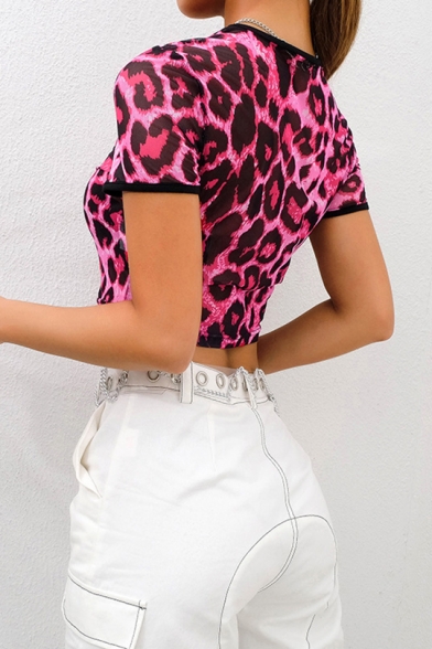 Trendy Sexy Cutout Front Red Leopard Print Round Neck Short Sleeve Womens Slim Mesh Crop Tee