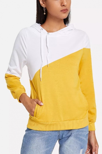 Trendy Two-Tone Yellow and White Long Sleeve Irregular Drawstring Hoodie