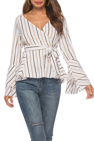 Trendy Vertical Stripe Printed Surplice V-Neck Layer Flared Sleeve Tied Front White Blouse for Women