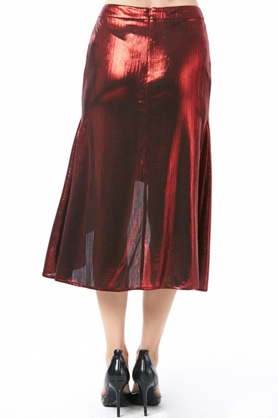 Trendy Womens High Waist Burgundy Asymmetric Ruffle Hem Sexy Midi Skirt for Nightclub