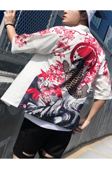 Ukiyo-e Style Floral Carp Printed Half Sleeve Open Front Casual Sun Protection Kimono Shirt Blouse