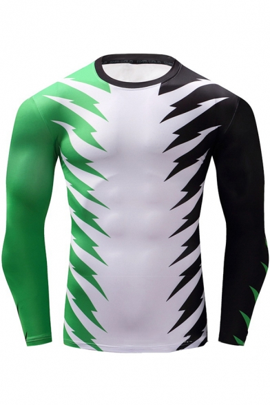 Unique Green Black White Spider Print Round Neck Long Sleeve Training Fitness Tight T-Shirt for Men