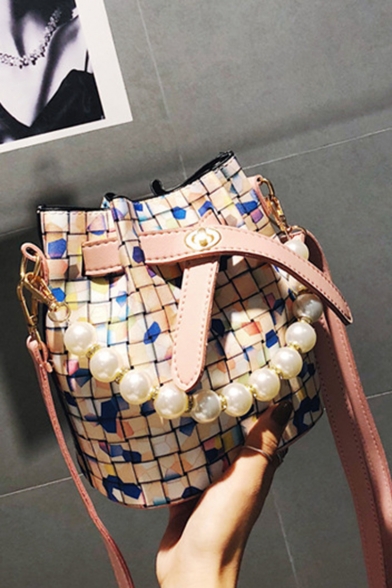 Women's Fashion Geometric Plaid Pattern Pearl Handle Drawstring Bucket Bag 16*13*18 CM
