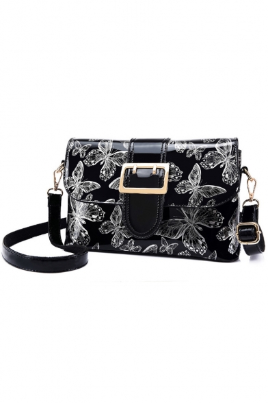 Women's Glamorous Floral Pattern Belt Buckle Patent Leather Crossbody Sling Bag 26.5*7.5*17 CM