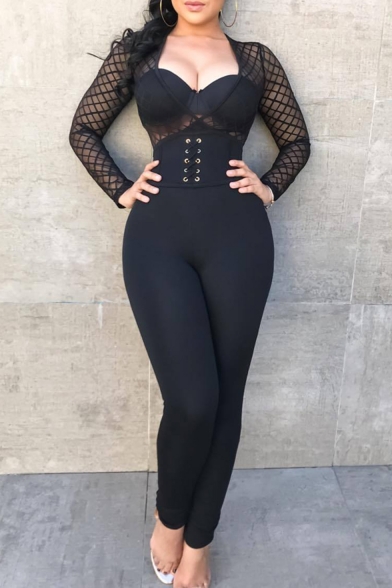 Women Trendy Sexy Black V Neck Long Sleeve Sheer Mesh Patch Lace Up Fitted Jumpsuits
