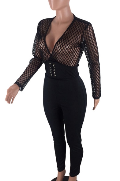 Women Trendy Sexy Black V Neck Long Sleeve Sheer Mesh Patch Lace Up Fitted Jumpsuits