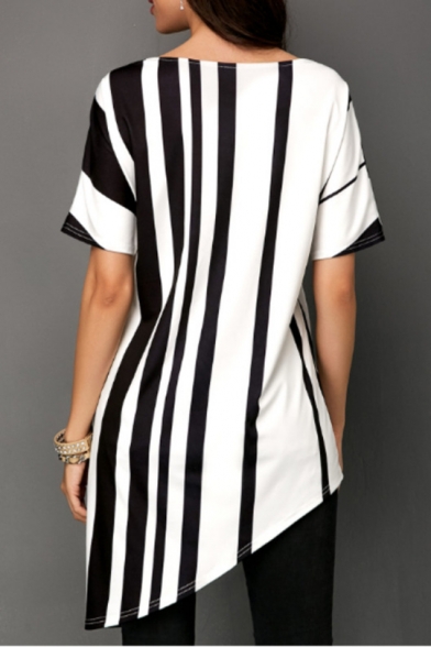 Womens Black and White Striped Print Round Neck Short Sleeve Longline Asymmetric T-Shirt