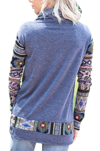 Womens Chic Button Cowl Neck Tribal Print Long Sleeve Loose Tee Sweatshirt