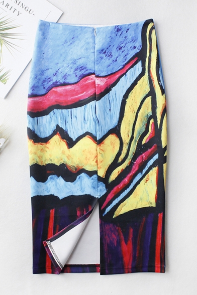 Womens Chic Unique Colorful Painting Midi Fitted Pencil Skirt