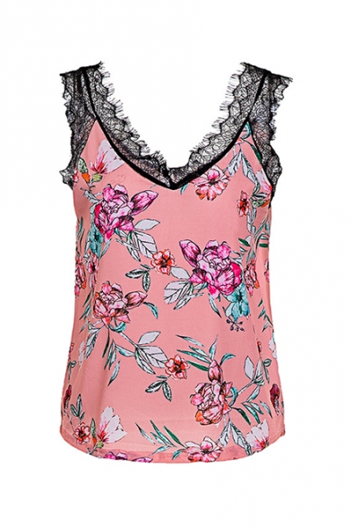 Womens Fancy Floral Pattern Chic Lace-Trimmed V-Neck Sleeveless Tank Top
