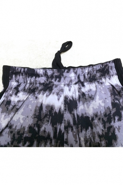 Womens Fashion Elastic Waist Fake Two-Piece Mesh-Panel Sport Loose Shorts