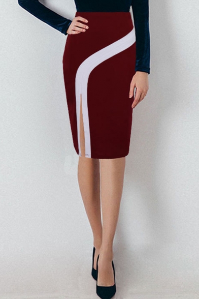 Womens Hot Fashion ColorBlock High Waist Split Side Midi Office Skirt