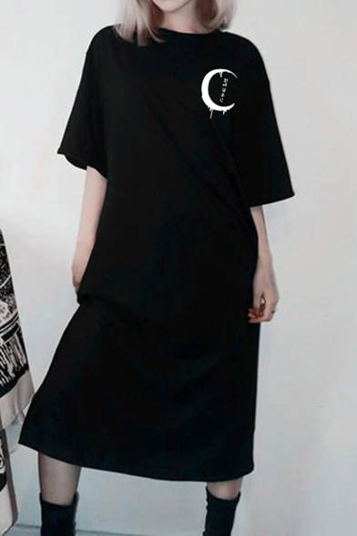 Womens Gothic Style Cool Black Moon Print Short Sleeve Maxi Oversize T-Shirt Dress