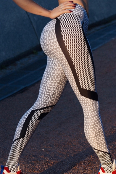 Womens Hot Fashion High Waist Colorblock Geometric Printed Yoga Skinny Legging Pants