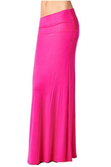 Womens Hot Fashion Simple Solid Color Candy Color Maxi Floor Length Bodycon Skirt
