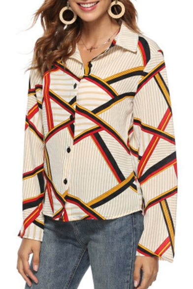 Womens Hot Stylish Colorblock Stripped Print Long Sleeve Button Front Holiday Chiffon Shirts
