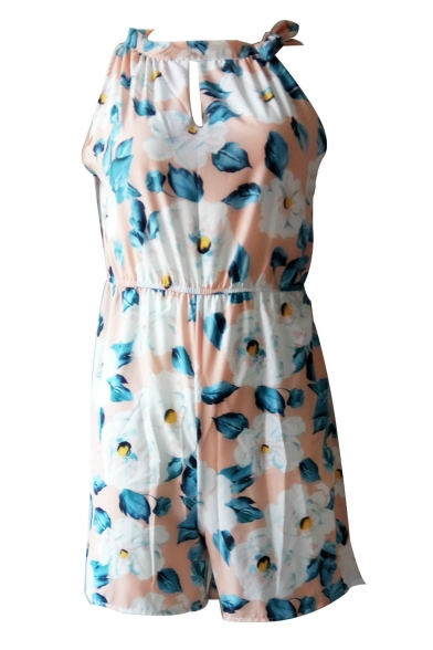 Womens Hot Stylish Floral Print Cutout Tie Neck Sleeveless Elastic Waist Casual Loose Rompers