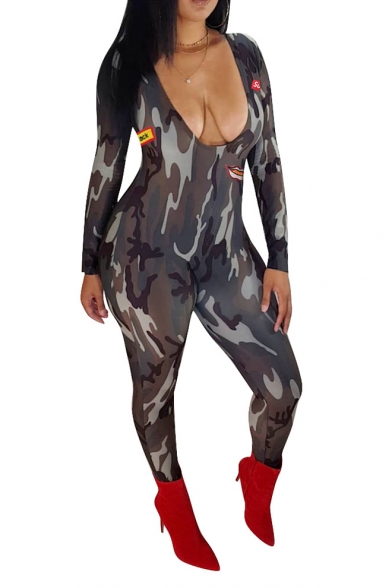 Womens Hot Stylish Long Sleeves V Neck Camouflage Cartoon Print Skinny Fitted Jumpsuits