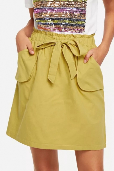 Womens Hot Stylish Self-Tie Pocket Front Paperbag Elastic Waist Mini Skirt