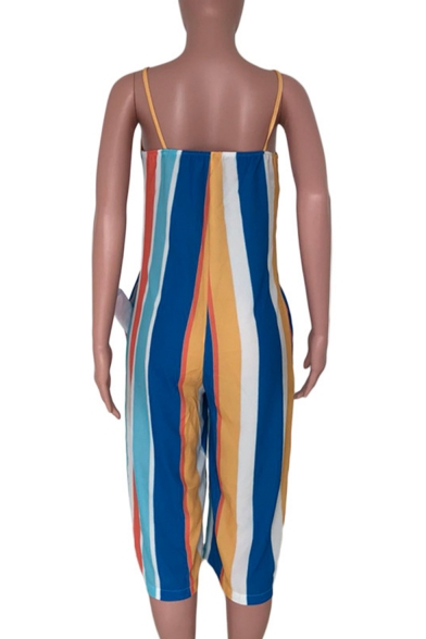 Womens Hot Stylish Straps Sleeveless Multicolor Striped Print Loose Jumpsuits