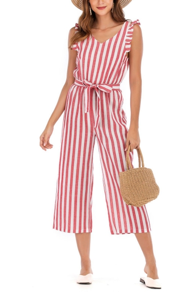 Womens Hot Trendy Ruffle Trim Plunge V Neck Striped Print Sleeveless Casual Loose Beach Jumpsuits
