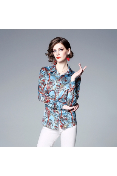 Womens New Stylish Blue Chain Circle Printed Long Sleeve Button Down Fitted Shirt