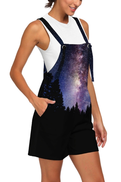 Womens New Stylish Cool 3D Galaxy Printed Loose Fit Overall Shorts Rompers