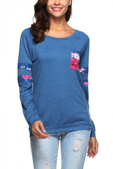 Womens New Trendy Floral Pocket Round Neck Long Sleeve Fitted T-Shirt