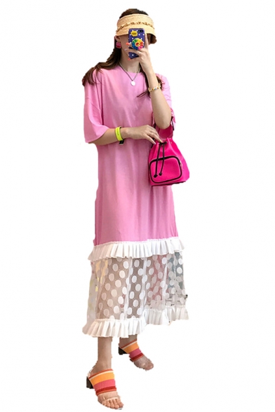 Womens New Trendy Oversize Short Sleeve Polka Dot Print Mesh Hem Patch Midi T-Shirt Dress