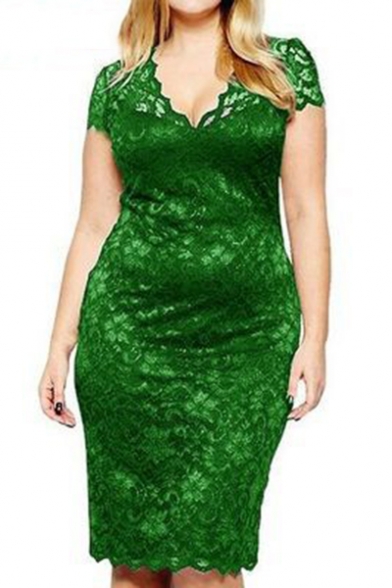 Womens Plus Size Fashion V-Neck Short Sleeve Midi Fitted Lace Pencil Dress
