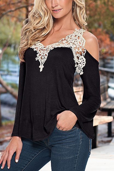 Womens Sexy Hollow Lace Patched Cold Shoulder Long Sleeve V-Neck Casual Tee