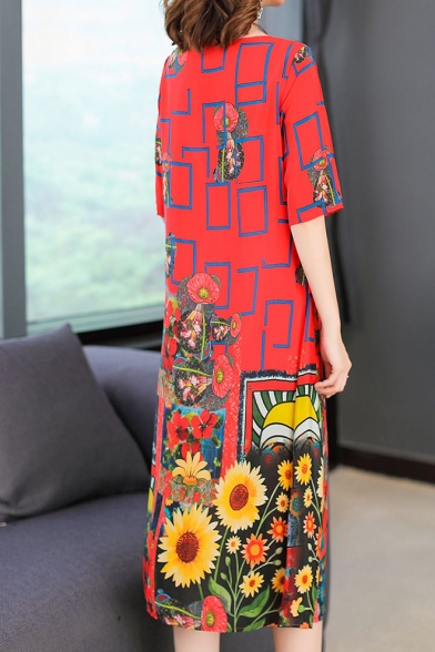 Womens Summer Chic Red Floral Printed Round Neck Maxi Swing Dress
