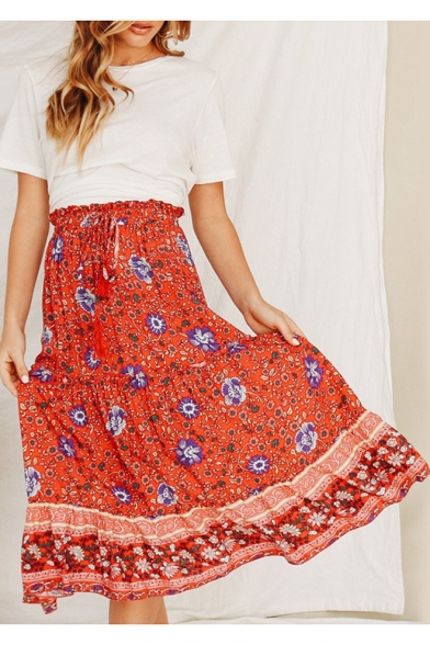 Womens Summer Fancy Floral Printed Ruffled Tied Waist Cotton Midi Red Beach Flowy Skirt