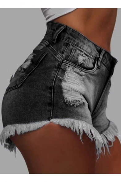 Womens Summer Hot Popular Ripped Fringed Hem Slim Fit Denim Shorts