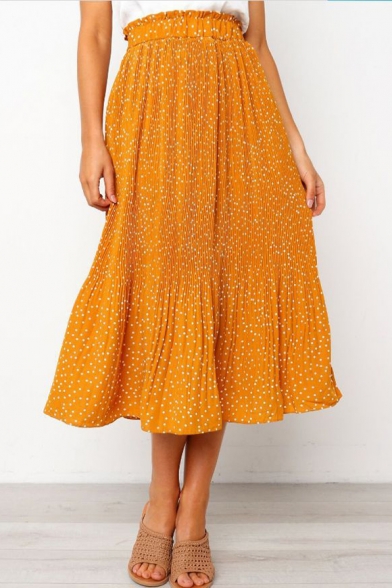 Womens Summer Trendy Ruffled Waist Classic Polka Dot Printed Midi Pleated Skirt
