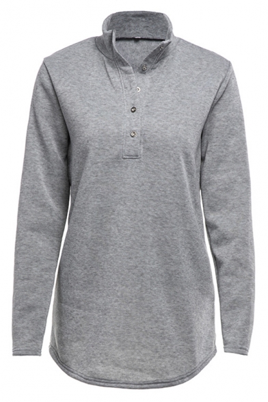 Womens Trendy Button Stand Collar Long Sleeve Simple Plain Loose Sweatshirt