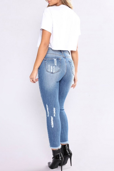 Womens Trendy Dark Blue Distressed Ripped Skinny Fit Denim Jeans